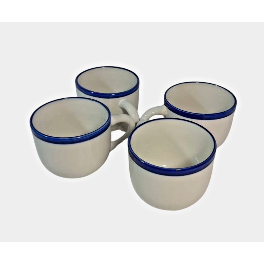 Gibson Set 4 Coffee Mugs Cobalt Blue Rim Cream White Classic Bistro Ceramic